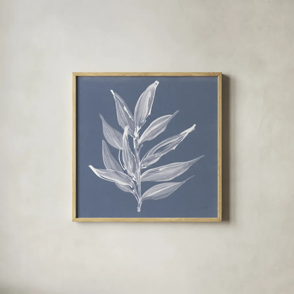 Leaf Study IV Blue by Chris Paschke. Shown in a natural wood glass frame for a timeless modern aesthetic. Available as an archival giclee rolled canvas, fine art paper, or poster print. SKU 80066a.