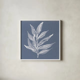 Leaf Study IV Blue by Chris Paschke. Shown in a crisp white glass frame for a clean and minimalist style. Available as an archival giclee rolled canvas, fine art paper, or poster print. SKU 80066a.