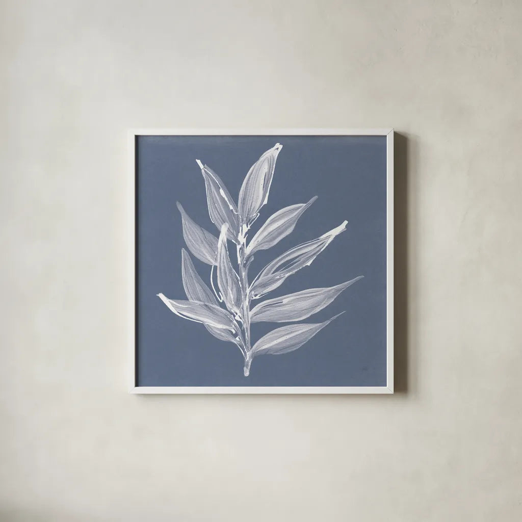 Leaf Study IV Blue by Chris Paschke. Shown in a crisp white glass frame for a clean and minimalist style. Available as an archival giclee rolled canvas, fine art paper, or poster print. SKU 80066a.