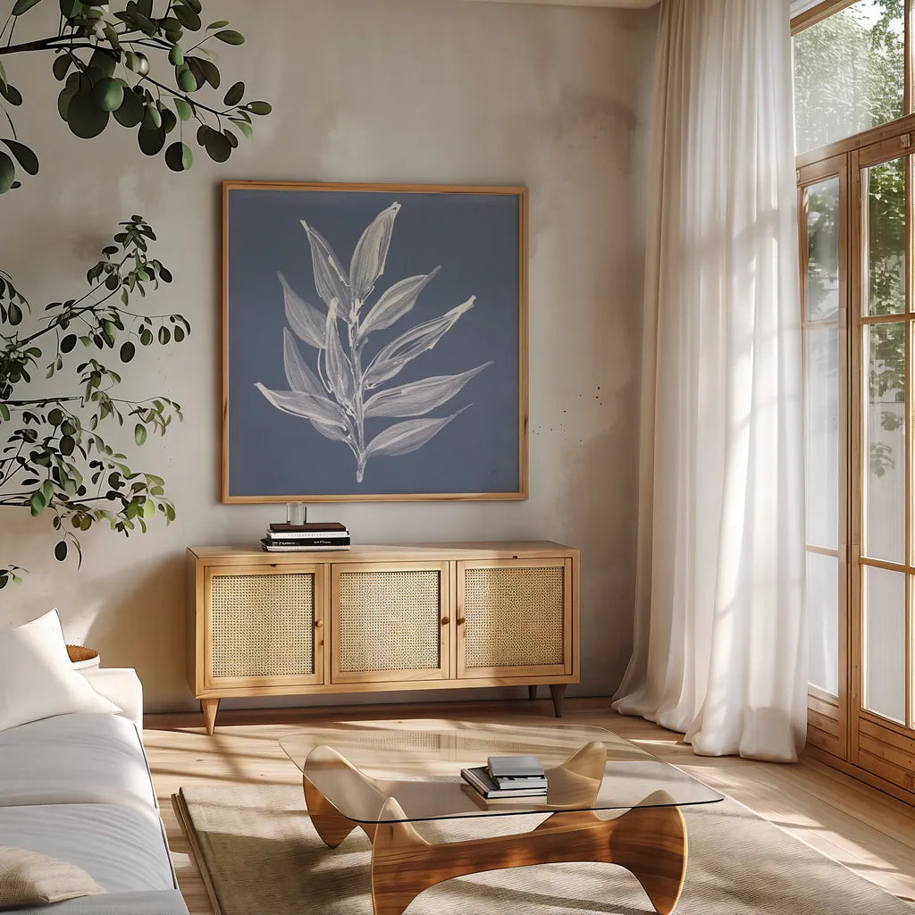 Leaf Study IV Blue by Chris Paschke. Shown in a natural wood frame in a cozy modern living room. Available as an archival giclee rolled canvas, fine art paper, or poster print. SKU 80066a.