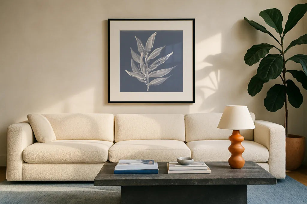 Leaf Study IV Blue by Chris Paschke. Displayed in a glass frame with matte in a clean modern living room. Available as an archival giclee rolled canvas, fine art paper, or poster print. SKU 80066a.