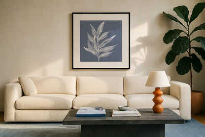 Leaf Study IV Blue by Chris Paschke. Displayed in a glass frame with matte in a clean modern living room. Available as an archival giclee rolled canvas, fine art paper, or poster print. SKU 80066a.