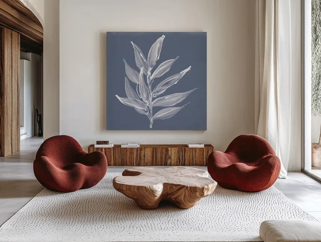 Leaf Study IV Blue by Chris Paschke. Shown as extra-large giant wall art in a modern living room. Available as an archival giclee rolled canvas, fine art paper, or poster print. SKU 80066a.
