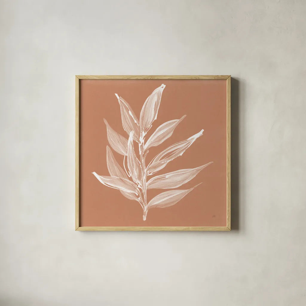 Leaf Study IV Pheasant by Chris Paschke. Shown in a natural wood glass frame for a timeless modern aesthetic. Available as an archival giclee rolled canvas, fine art paper, or poster print. SKU 68931a.