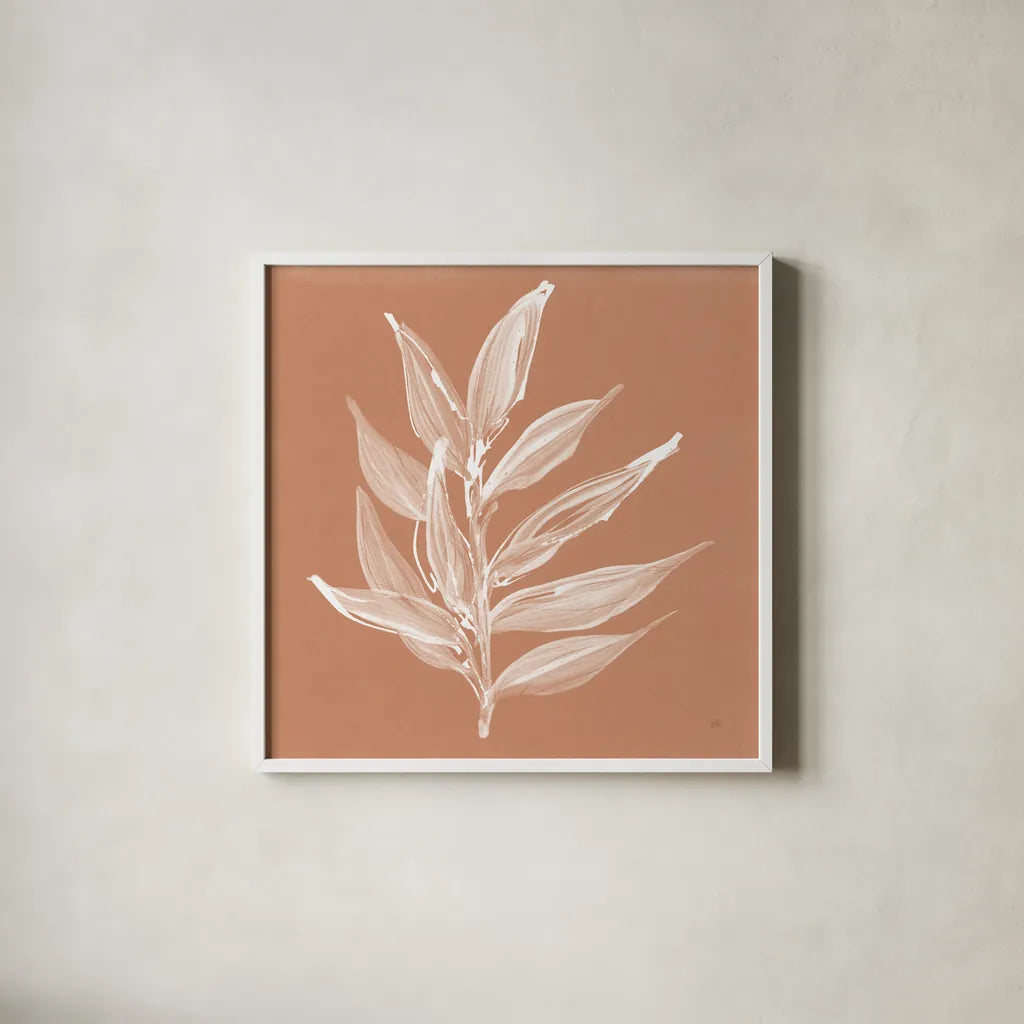 Leaf Study IV Pheasant by Chris Paschke. Shown in a crisp white glass frame for a clean and minimalist style. Available as an archival giclee rolled canvas, fine art paper, or poster print. SKU 68931a.