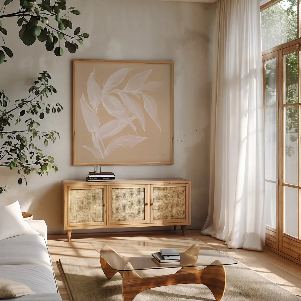 Leaf Study VI by Chris Paschke. Shown in a natural wood frame in a cozy modern living room. Available as an archival giclee rolled canvas, fine art paper, or poster print. SKU 66777a.