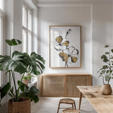 Leafed IV by Chris Paschke. shown as a print in a natural wood frame in a dining room. Available as a archival giclee rolled canvas, fine art paper, or poster print. SKU 64199h.