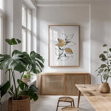 Leafed VII by Chris Paschke. shown as a print in a natural wood frame in a dining room. Available as a archival giclee rolled canvas, fine art paper, or poster print. SKU 64202h.