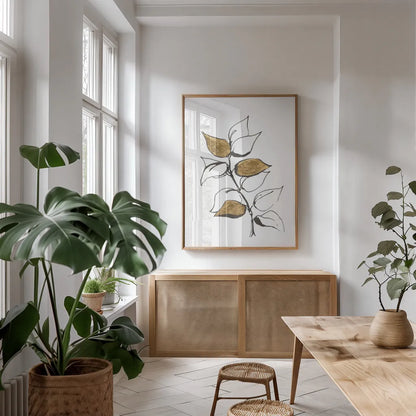 Leafed VIII by Chris Paschke. shown as a print in a natural wood frame in a dining room. Available as a archival giclee rolled canvas, fine art paper, or poster print. SKU 64203h.