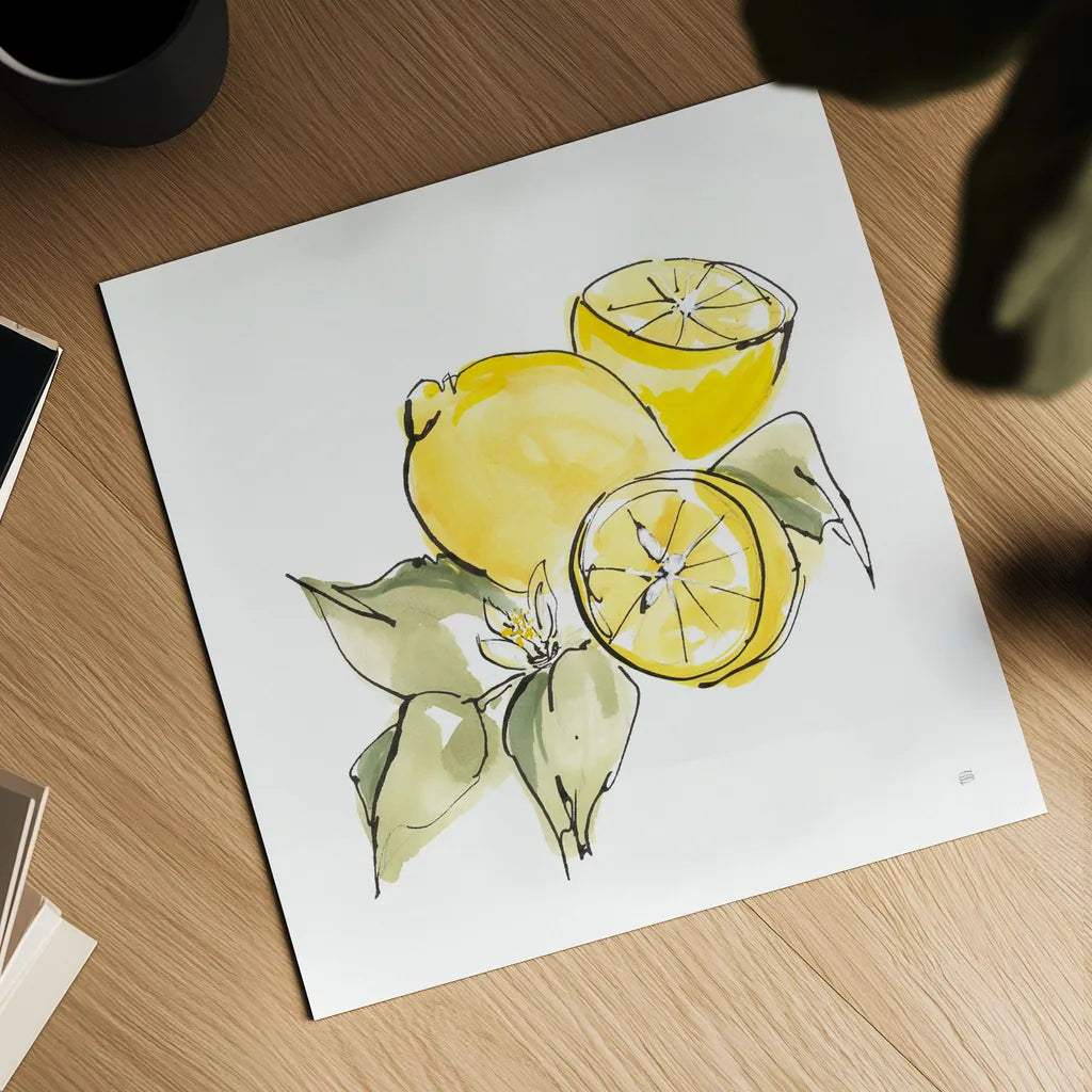 Lemon Still Life I by Chris Paschke. Shown as a detailed flat fine art print, highlighting archival giclee quality. Available as an archival giclee rolled canvas, fine art paper, or poster print. SKU 66880a.