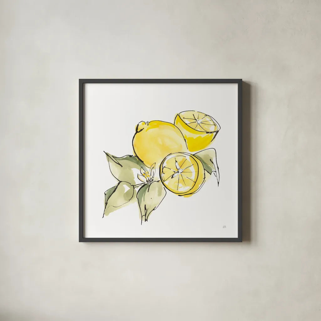 Lemon Still Life I by Chris Paschke. Shown in a sleek black glass frame for a contemporary gallery look. Available as an archival giclee rolled canvas, fine art paper, or poster print. SKU 66880a.