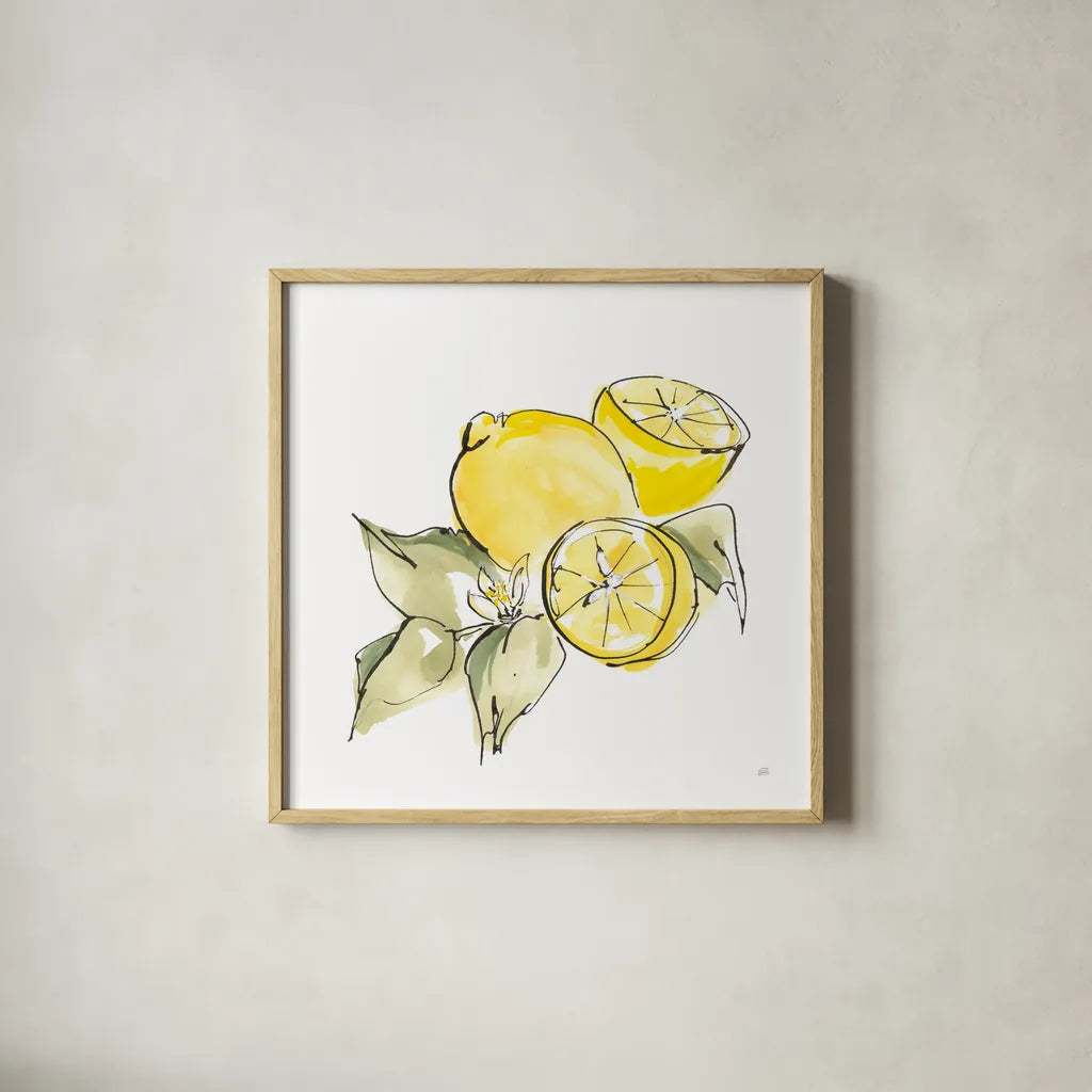 Lemon Still Life I by Chris Paschke. Shown in a natural wood glass frame for a timeless modern aesthetic. Available as an archival giclee rolled canvas, fine art paper, or poster print. SKU 66880a.