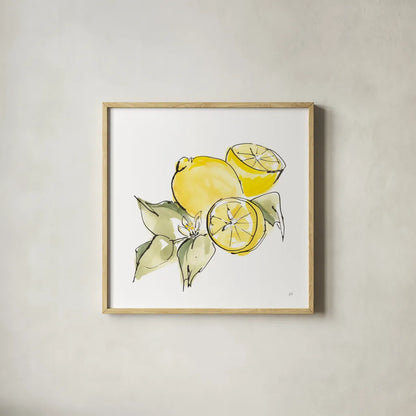 Lemon Still Life I by Chris Paschke. Shown in a natural wood glass frame for a timeless modern aesthetic. Available as an archival giclee rolled canvas, fine art paper, or poster print. SKU 66880a.