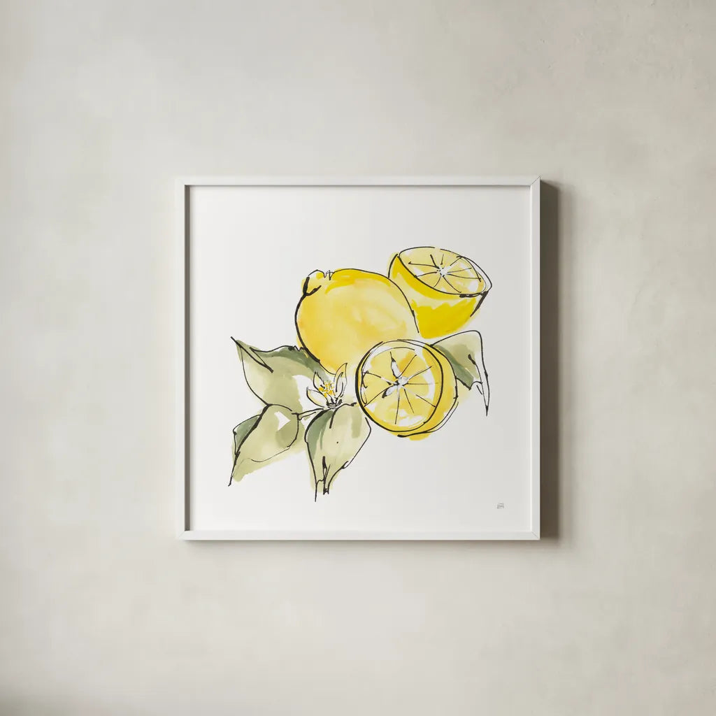 Lemon Still Life I by Chris Paschke. Shown in a crisp white glass frame for a clean and minimalist style. Available as an archival giclee rolled canvas, fine art paper, or poster print. SKU 66880a.