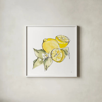 Lemon Still Life I by Chris Paschke. Shown in a crisp white glass frame for a clean and minimalist style. Available as an archival giclee rolled canvas, fine art paper, or poster print. SKU 66880a.