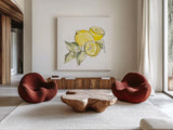 Lemon Still Life I by Chris Paschke. Shown as extra-large giant wall art in a modern living room. Available as an archival giclee rolled canvas, fine art paper, or poster print. SKU 66880a.