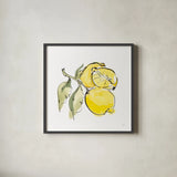 Lemon Still Life II by Chris Paschke. Shown in a sleek black glass frame for a contemporary gallery look. Available as an archival giclee rolled canvas, fine art paper, or poster print. SKU 66881a.
