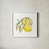 Lemon Still Life II by Chris Paschke. Shown in a crisp white glass frame for a clean and minimalist style. Available as an archival giclee rolled canvas, fine art paper, or poster print. SKU 66881a.