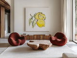 Lemon Still Life II by Chris Paschke. Shown as extra-large giant wall art in a modern living room. Available as an archival giclee rolled canvas, fine art paper, or poster print. SKU 66881a.