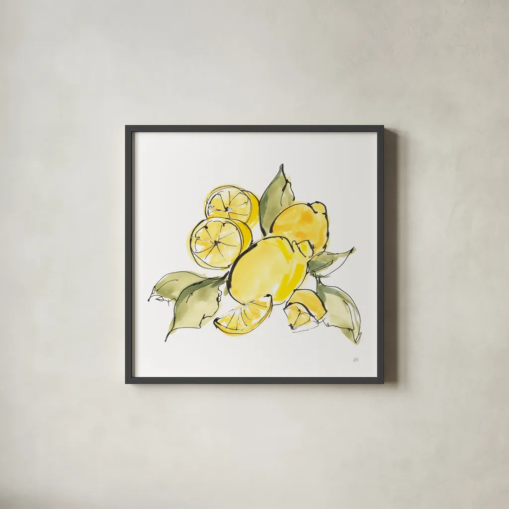 Lemon Still Life III by Chris Paschke. Shown in a sleek black glass frame for a contemporary gallery look. Available as an archival giclee rolled canvas, fine art paper, or poster print. SKU 66882a.