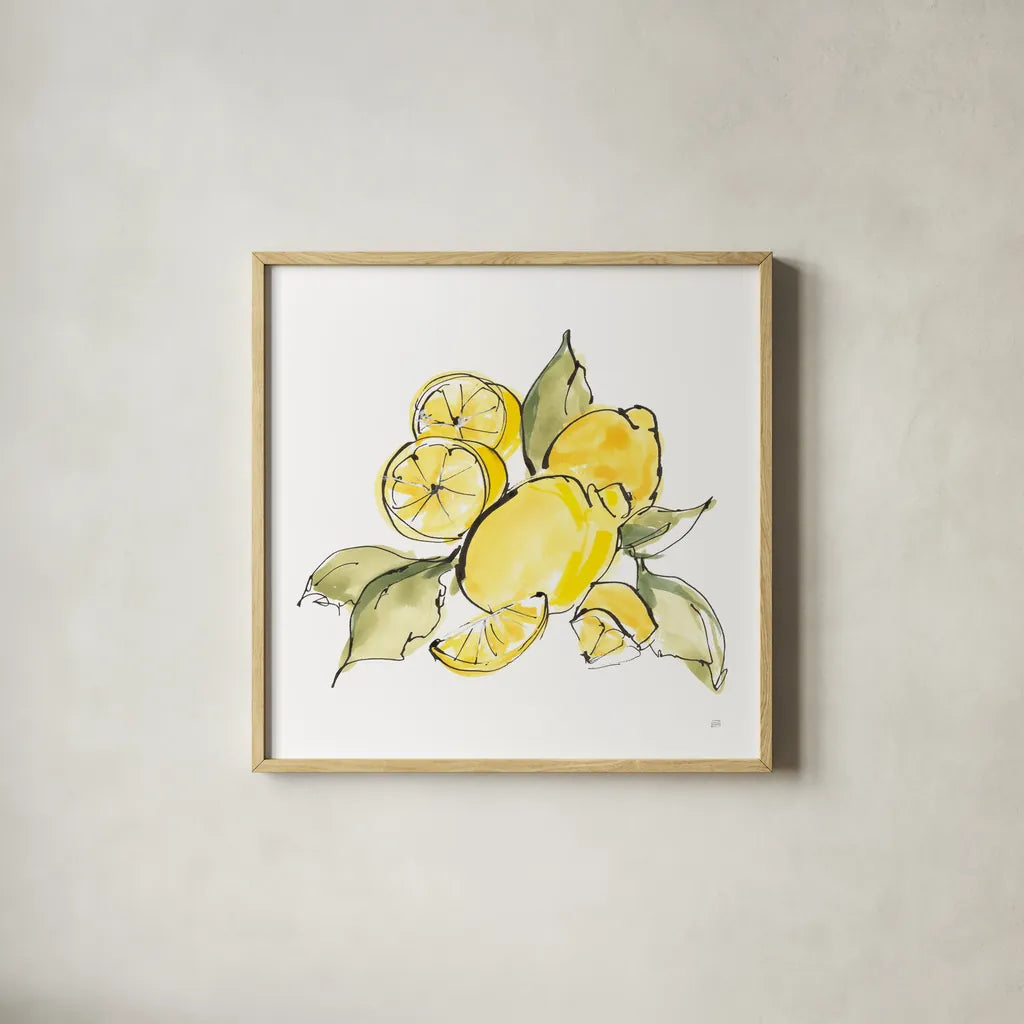 Lemon Still Life III by Chris Paschke. Shown in a natural wood glass frame for a timeless modern aesthetic. Available as an archival giclee rolled canvas, fine art paper, or poster print. SKU 66882a.
