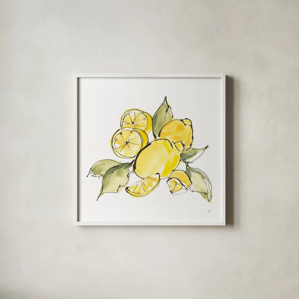 Lemon Still Life III by Chris Paschke. Shown in a crisp white glass frame for a clean and minimalist style. Available as an archival giclee rolled canvas, fine art paper, or poster print. SKU 66882a.