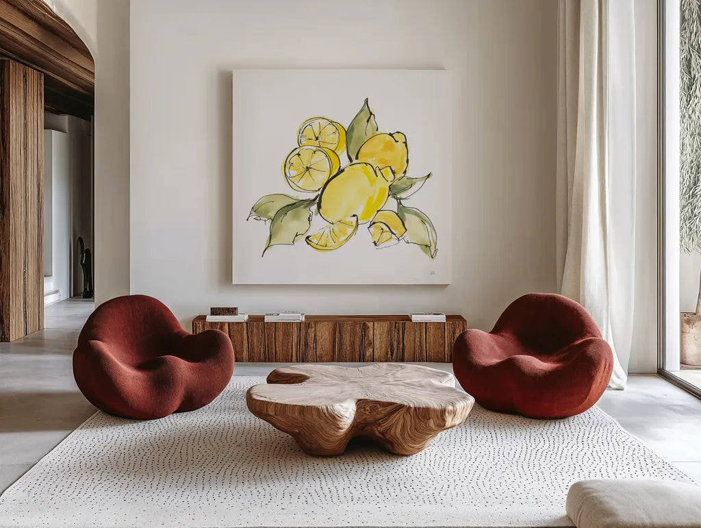 Lemon Still Life III by Chris Paschke. Shown as extra-large giant wall art in a modern living room. Available as an archival giclee rolled canvas, fine art paper, or poster print. SKU 66882a.