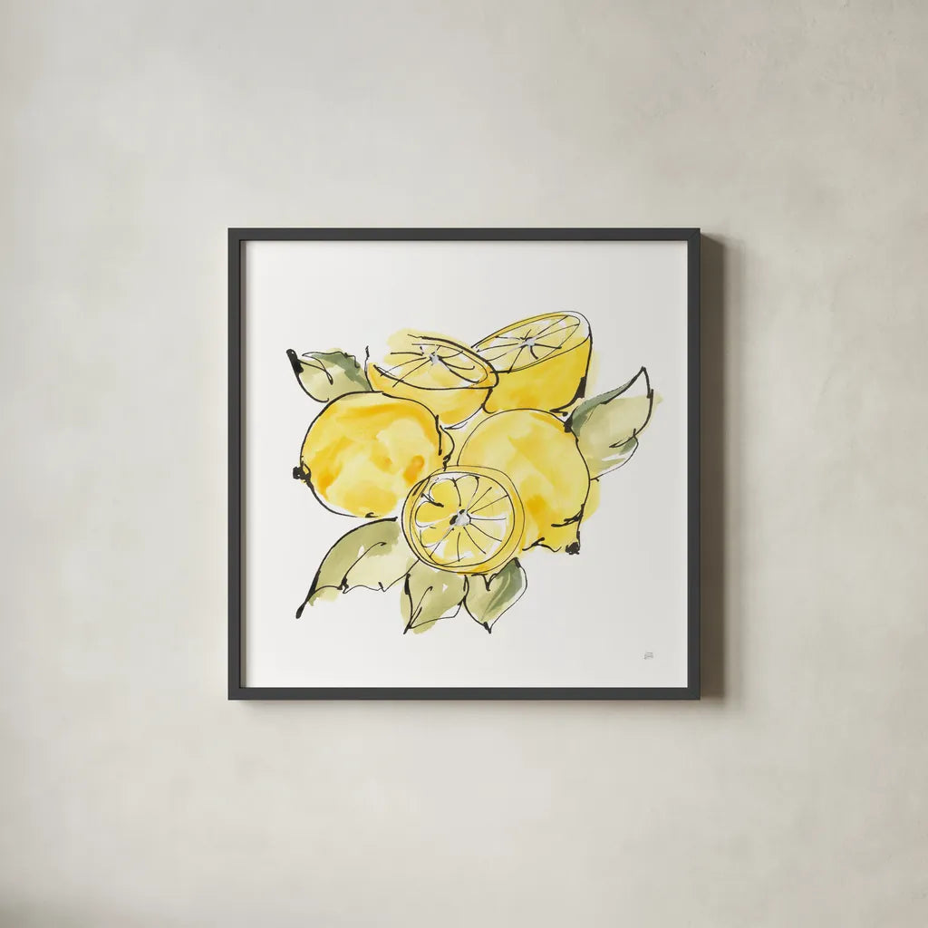 Lemon Still Life IV by Chris Paschke. Shown in a sleek black glass frame for a contemporary gallery look. Available as an archival giclee rolled canvas, fine art paper, or poster print. SKU 66883a.