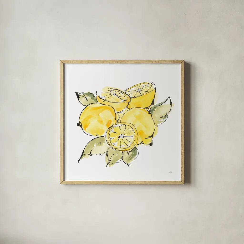 Lemon Still Life IV by Chris Paschke. Shown in a natural wood glass frame for a timeless modern aesthetic. Available as an archival giclee rolled canvas, fine art paper, or poster print. SKU 66883a.
