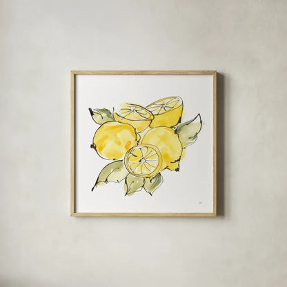 Lemon Still Life IV by Chris Paschke. Shown in a natural wood glass frame for a timeless modern aesthetic. Available as an archival giclee rolled canvas, fine art paper, or poster print. SKU 66883a.