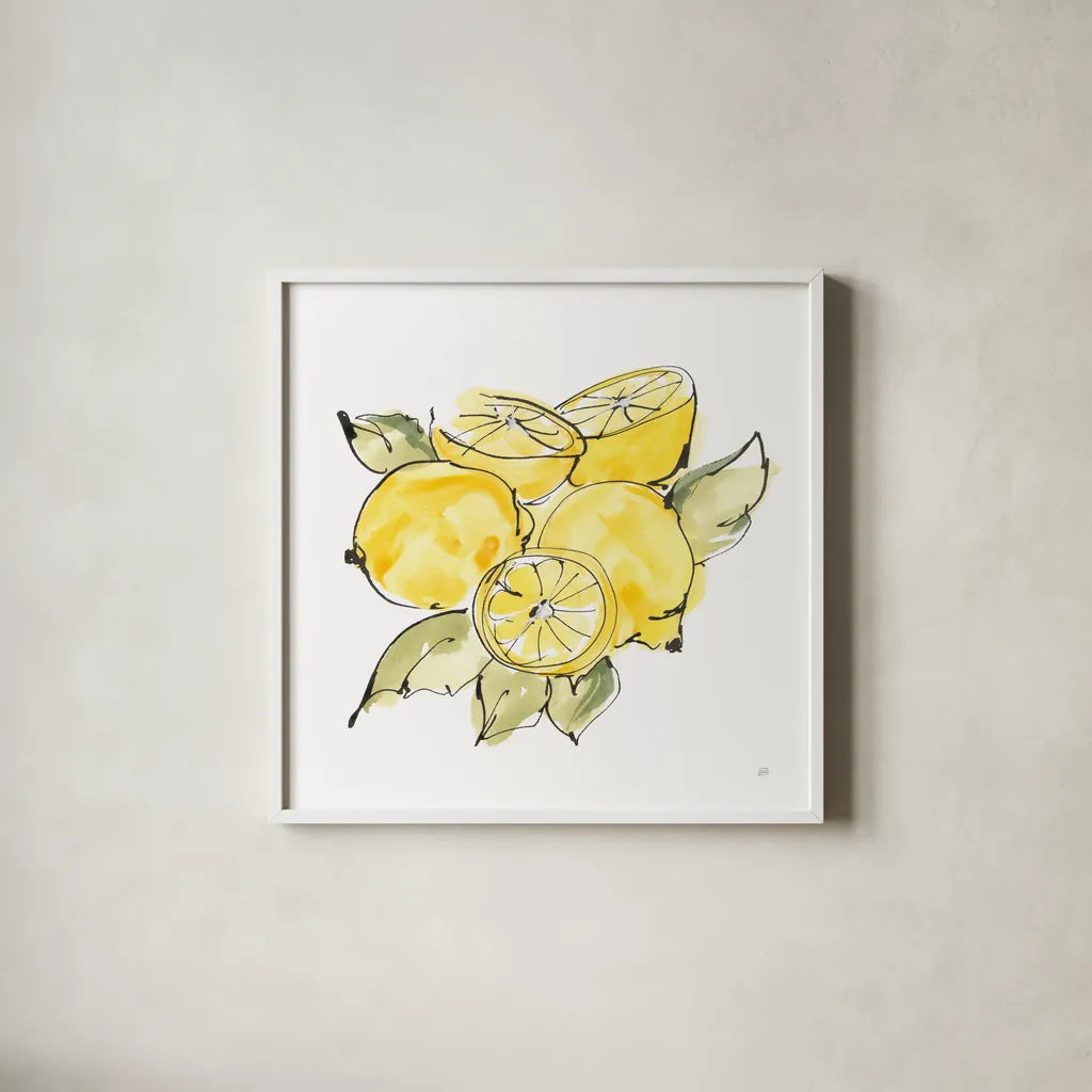 Lemon Still Life IV by Chris Paschke. Shown in a crisp white glass frame for a clean and minimalist style. Available as an archival giclee rolled canvas, fine art paper, or poster print. SKU 66883a.