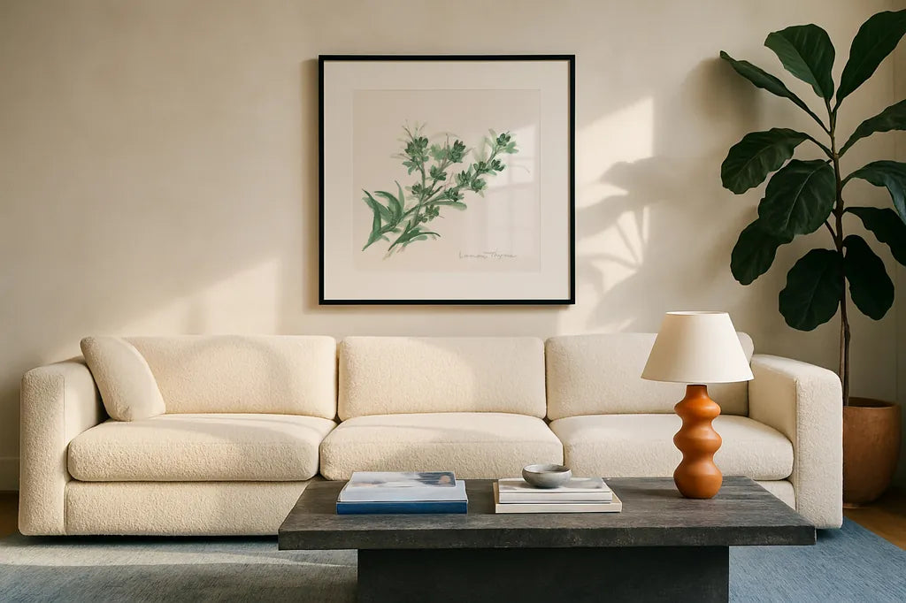 Lemon Thyme by Chris Paschke. Displayed in a glass frame with matte in a clean modern living room. Available as an archival giclee rolled canvas, fine art paper, or poster print. SKU 27533a.