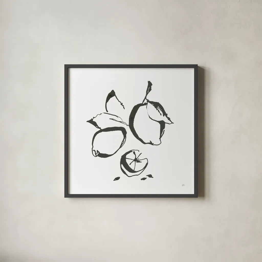 Lemons BW by Chris Paschke. Shown in a sleek black glass frame for a contemporary gallery look. Available as an archival giclee rolled canvas, fine art paper, or poster print. SKU 64216a.