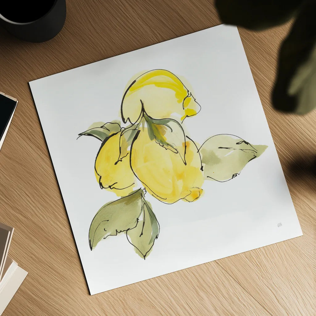Lemons I by Chris Paschke. Shown as a detailed flat fine art print, highlighting archival giclee quality. Available as an archival giclee rolled canvas, fine art paper, or poster print. SKU 66876a.