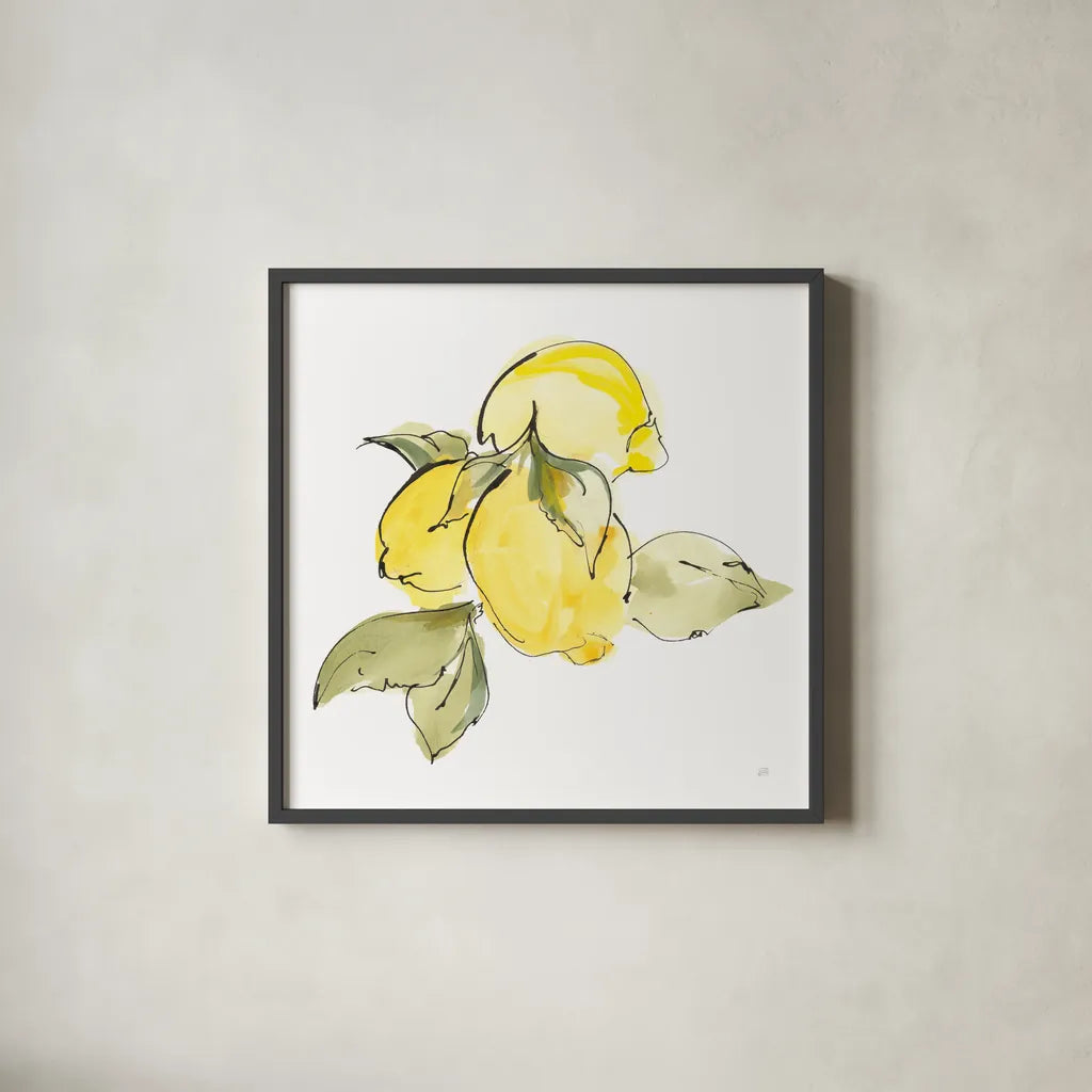 Lemons I by Chris Paschke. Shown in a sleek black glass frame for a contemporary gallery look. Available as an archival giclee rolled canvas, fine art paper, or poster print. SKU 66876a.