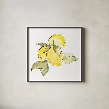 Lemons I by Chris Paschke. Shown in a sleek black glass frame for a contemporary gallery look. Available as an archival giclee rolled canvas, fine art paper, or poster print. SKU 66876a.
