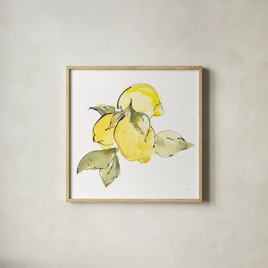 Lemons I by Chris Paschke. Shown in a natural wood glass frame for a timeless modern aesthetic. Available as an archival giclee rolled canvas, fine art paper, or poster print. SKU 66876a.