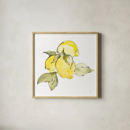 Lemons I by Chris Paschke. Shown in a natural wood glass frame for a timeless modern aesthetic. Available as an archival giclee rolled canvas, fine art paper, or poster print. SKU 66876a.