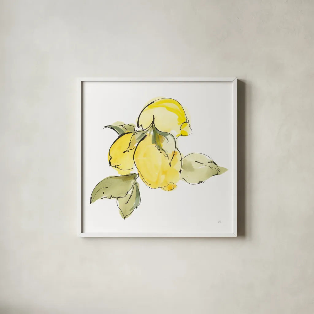 Lemons I by Chris Paschke. Shown in a crisp white glass frame for a clean and minimalist style. Available as an archival giclee rolled canvas, fine art paper, or poster print. SKU 66876a.