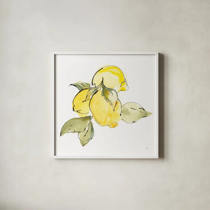 Lemons I by Chris Paschke. Shown in a crisp white glass frame for a clean and minimalist style. Available as an archival giclee rolled canvas, fine art paper, or poster print. SKU 66876a.