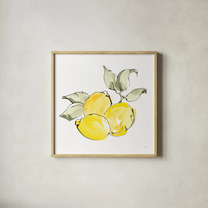 Lemons II by Chris Paschke. Shown in a natural wood glass frame for a timeless modern aesthetic. Available as an archival giclee rolled canvas, fine art paper, or poster print. SKU 66877a.