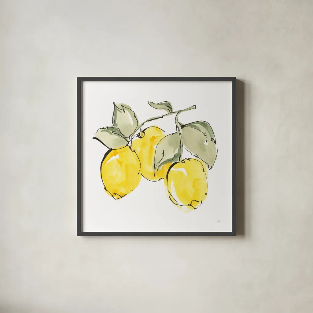 Lemons IV by Chris Paschke. Shown in a sleek black glass frame for a contemporary gallery look. Available as an archival giclee rolled canvas, fine art paper, or poster print. SKU 66879a.