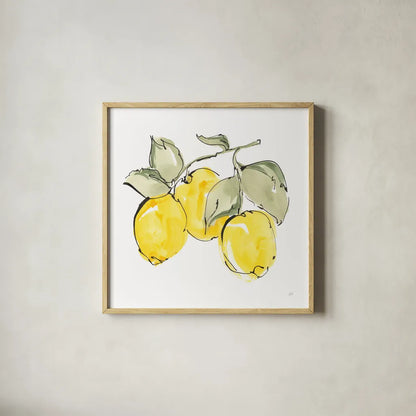 Lemons IV by Chris Paschke. Shown in a natural wood glass frame for a timeless modern aesthetic. Available as an archival giclee rolled canvas, fine art paper, or poster print. SKU 66879a.