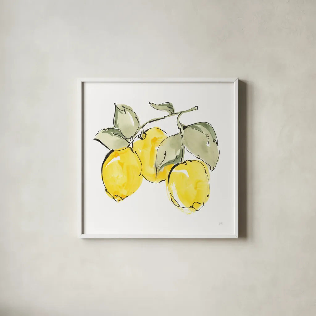 Lemons IV by Chris Paschke. Shown in a crisp white glass frame for a clean and minimalist style. Available as an archival giclee rolled canvas, fine art paper, or poster print. SKU 66879a.