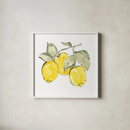 Lemons IV by Chris Paschke. Shown in a crisp white glass frame for a clean and minimalist style. Available as an archival giclee rolled canvas, fine art paper, or poster print. SKU 66879a.
