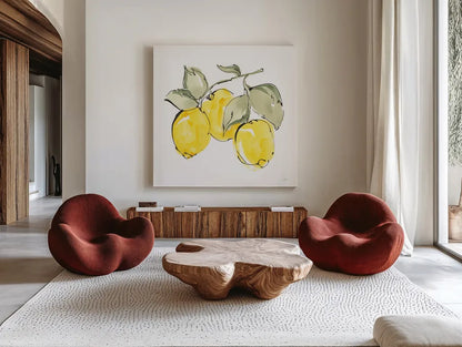 Lemons IV by Chris Paschke. Shown as extra-large giant wall art in a modern living room. Available as an archival giclee rolled canvas, fine art paper, or poster print. SKU 66879a.
