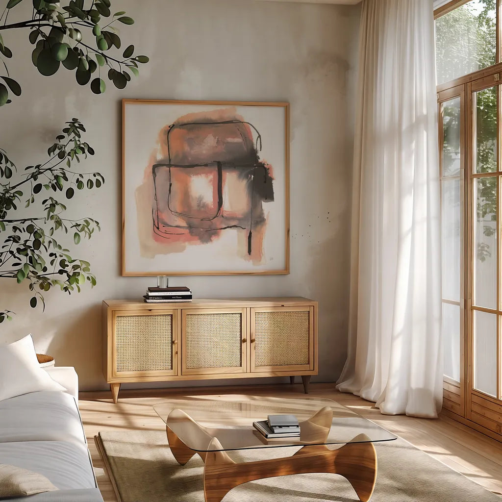 Life Squared II by Chris Paschke. Shown in a natural wood frame in a cozy modern living room. Available as an archival giclee rolled canvas, fine art paper, or poster print. SKU 70676a.