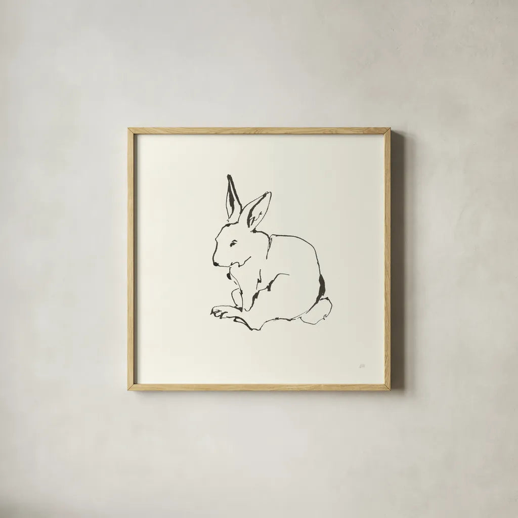 Line Bunny I by Chris Paschke. Shown in a natural wood glass frame for a timeless modern aesthetic. Available as an archival giclee rolled canvas, fine art paper, or poster print. SKU 58332a.