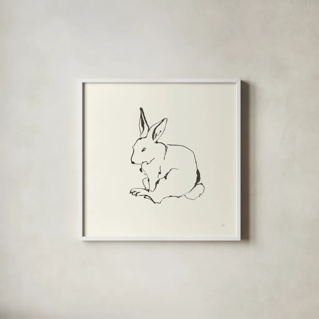 Line Bunny I by Chris Paschke. Shown in a crisp white glass frame for a clean and minimalist style. Available as an archival giclee rolled canvas, fine art paper, or poster print. SKU 58332a.