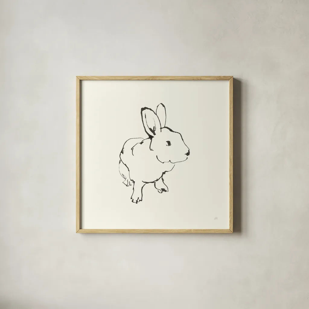 Line Bunny II by Chris Paschke. Shown in a natural wood glass frame for a timeless modern aesthetic. Available as an archival giclee rolled canvas, fine art paper, or poster print. SKU 58333a.